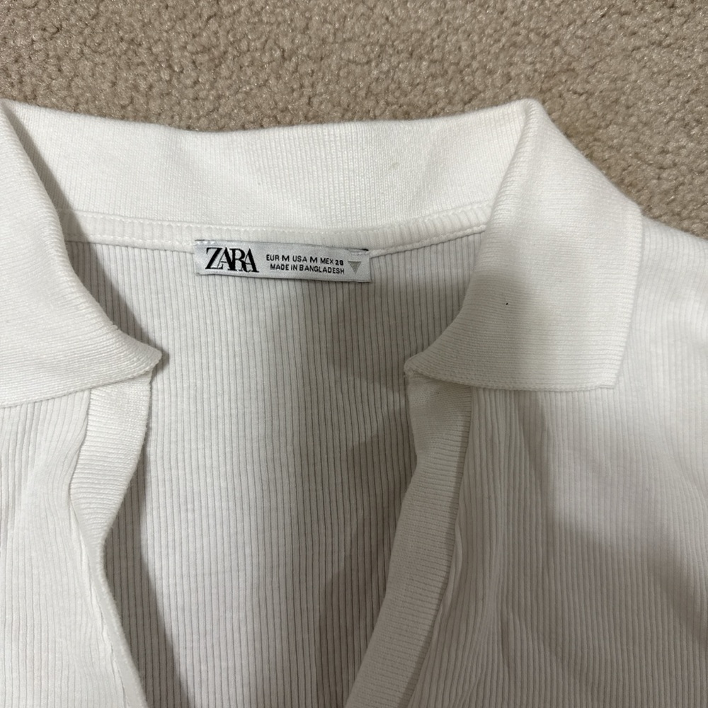 Zara Cream Ribbed Collared Top - Picture 2 of 4
